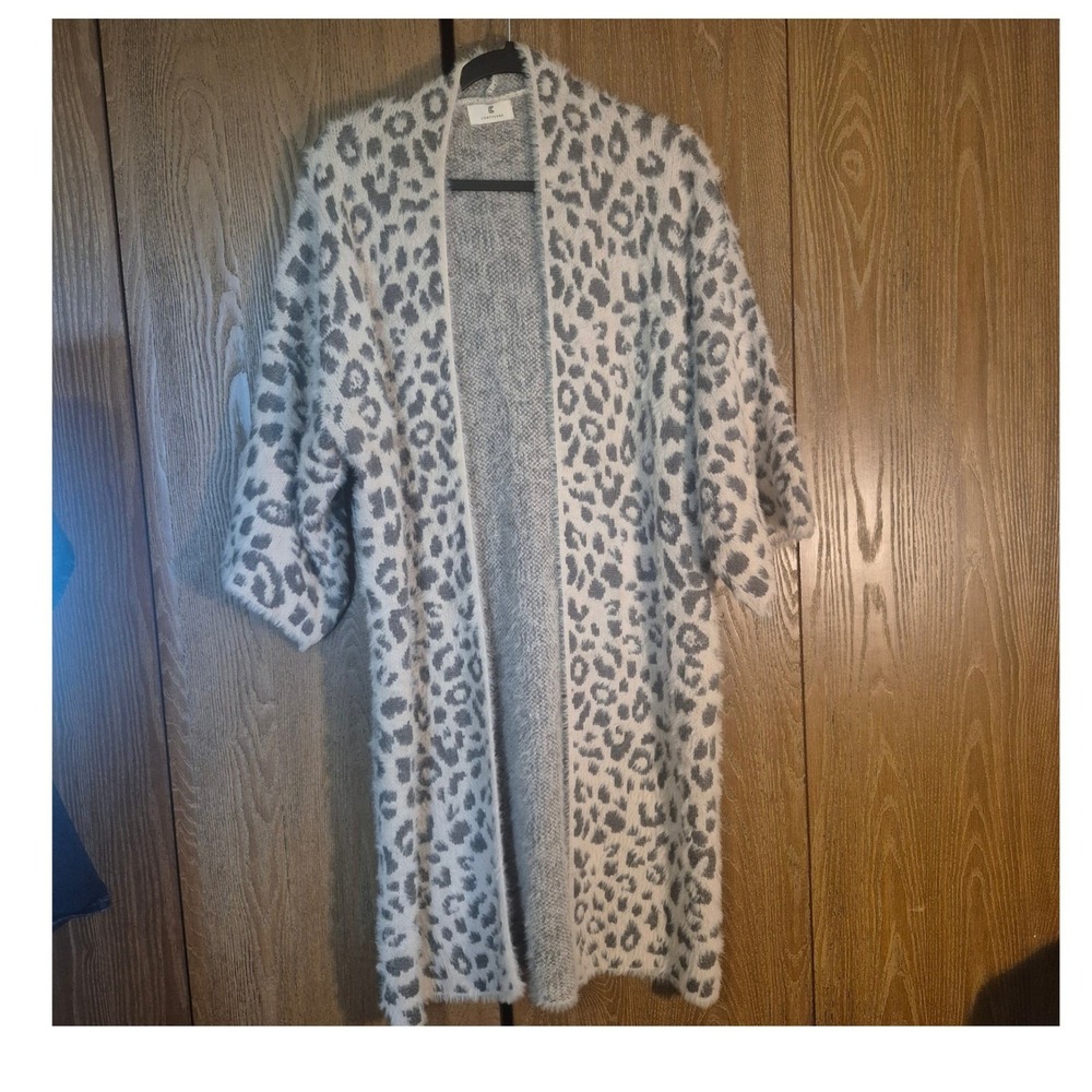 Comfyluxe Leopard Print Fuzzy Knit Longline Cardigan Duster Grey 3/4 Sleeve OS